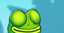 A rã verde de olhos grandes e sorriso largo, de perto, tal como aparece no jogo Frog Road.