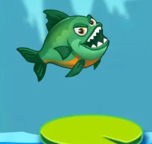 Um peixe verde de dentes à mostra a passar sobre a água, num frame de Frog Road.