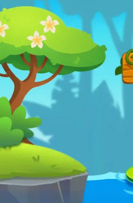 Cenário de Frog Road: uma árvore em flor sobre um penhasco, à beira da água.
